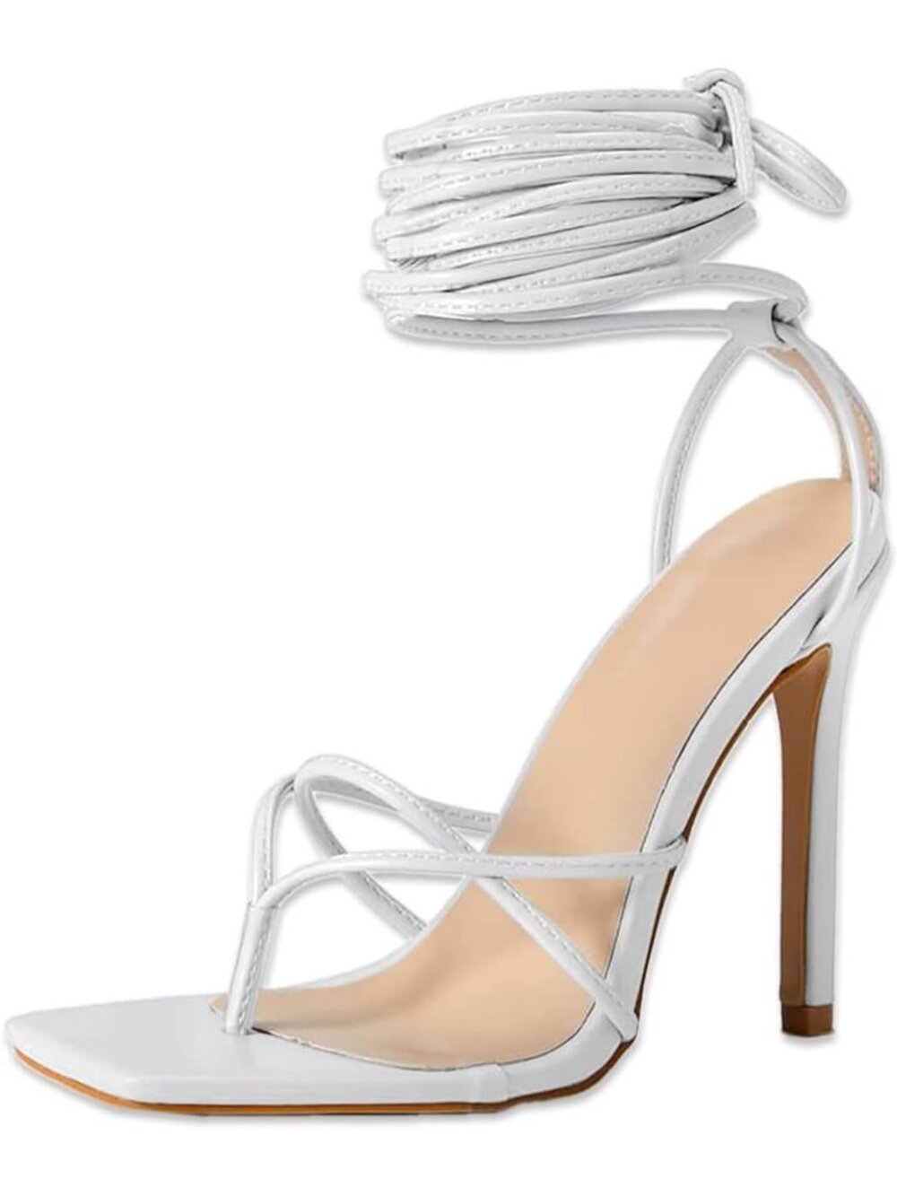 Women's White Lace Up Heeled Sandals Square Flip Flop High Heels Strappy Shoes